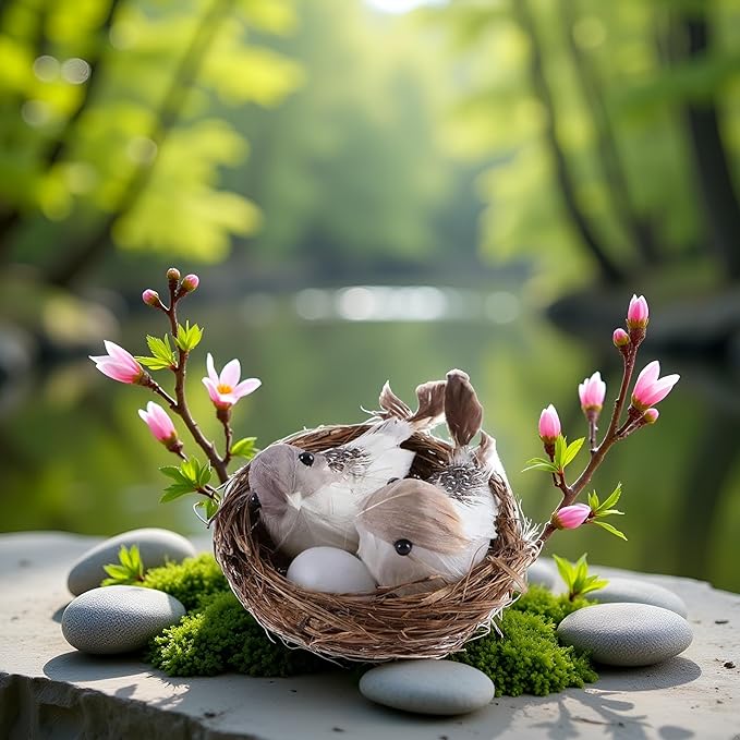 1 Set Simulation Bird Nest with Bird and Eggs Decor, Fake Foam Feather Birds, Artificial Birds, for DIY Craft Tree Decoration Artificial Plants and Flowers, Home Decor, Decorations