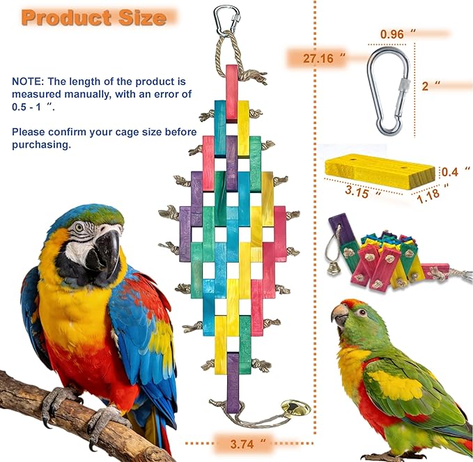 Wooden Bird Toy for Large Parrots – Natural Chewing Blocks with Locking Carabiner (Nut Tightening) for Macaws, Cockatoos, African Greys, Amazon Parrots – Non-Toxic, Colorful, Cage Accessory