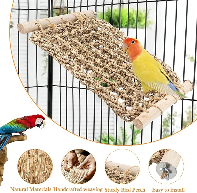 Bird Ladder Perch for Cage, Conure Seagrass Ladder Bridge Exercise Stands, Natural Hand-Woven Net Amazon Parrot Climbing Chewing Hammock, Cage Accessories for Lovebird Conure Budgie Parakeet