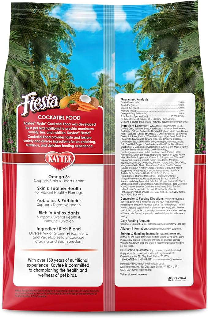 Kaytee Fiesta Cockatiel Food, Nutritious and Fun Blend, Supports Skin, Feather, Digestion, Brain and Heart Health, 2.5 pounds