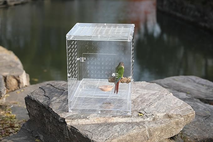 Clear Acrylic Bird Cage for Small Birds, Transparent Display Habitat for Canary, Parakeet - Easy to Clean & Assemble (14x15x20in)