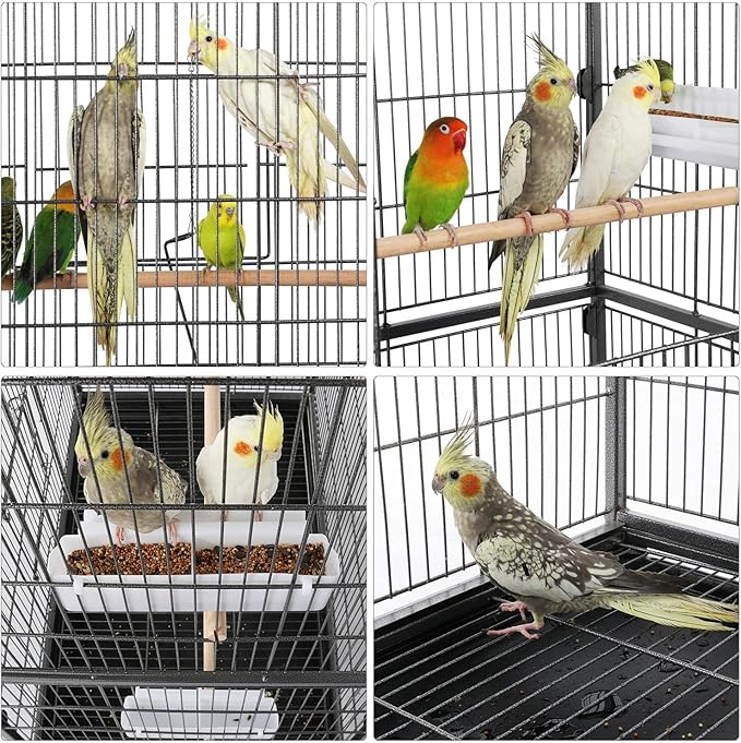 Costoffs 132cm Extra Large Rolling Metal Bird Cage Parrot Cage for Lovebird Cockatoo Conure with 3 Perches/4 Feeders/Extra Storage Shelf Black