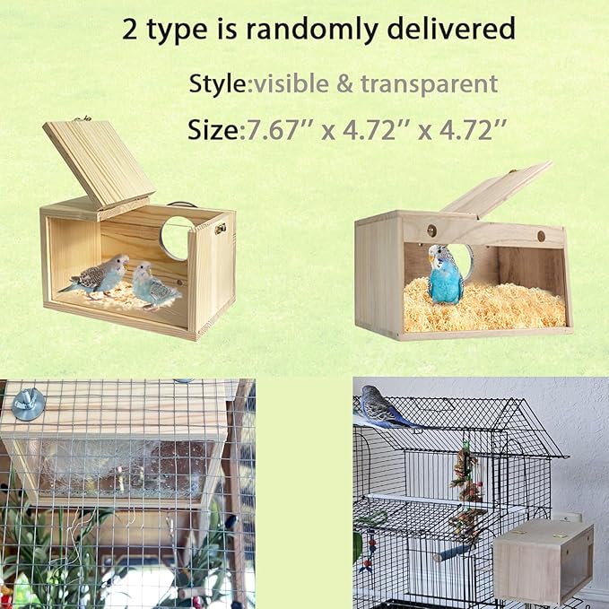Transparent Parakeet Nesting Box,Wooden Parrot Nest Breeding Box with Perch Natural Bird House for Cage Suitable for Lovebirds Cockatiels Canaries