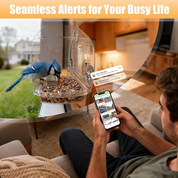 Smart Window Bird Feeder with 2K Camera & AI Identification, Strong Suction Cup Mount, All-Weather Design, Real-Time Alerts, Easy to Install, for Apartments & Homes, for Bird Lovers