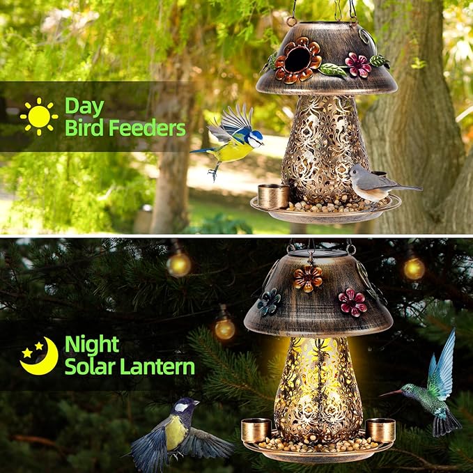 Mushroom Solar Bird Feeders for Outdoors Hanging Metal Wild Bird Feeder with S Hook for Garden Decoration Brown