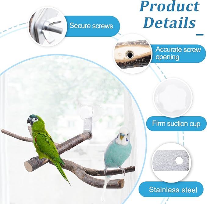 Bird Perch with Suction Cup Window Wall Bath Car Outdoor Travel Perch Stand for Small and Medium Bird Parrot Parakeet Cockatiel Conure African Greys Budgie Lovebirds (Two-Y-Type Wood Window Perch)