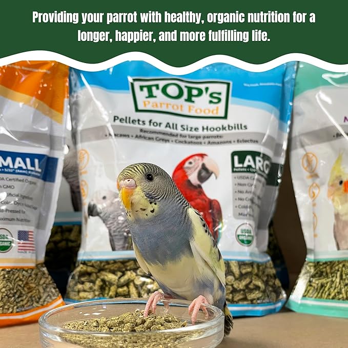 TOP's Parrot Food Bird Pellets for Small Hookbills - Non-GMO, Peanut Soy & Corn Free, USDA Organic Certified (4lbs)