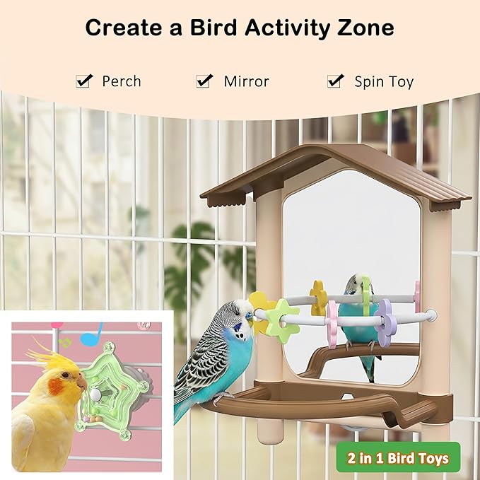 2-in-1 Bird Mirror with Perch Stand and Rotating Star Toy with Sound, Parakeet Cage Accessories Set for Small Birds, Budgies and Cockatiels, Secure Twist-Lock Installation