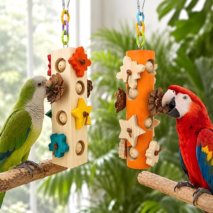 Bird Foraging Toy Parakeet Enrichment Puzzle Parrot Foraging Toys Wooden Blocks with Pine Cones Chew Play for Budgies Cockatiels Conures Quaker Small to Medium Birds