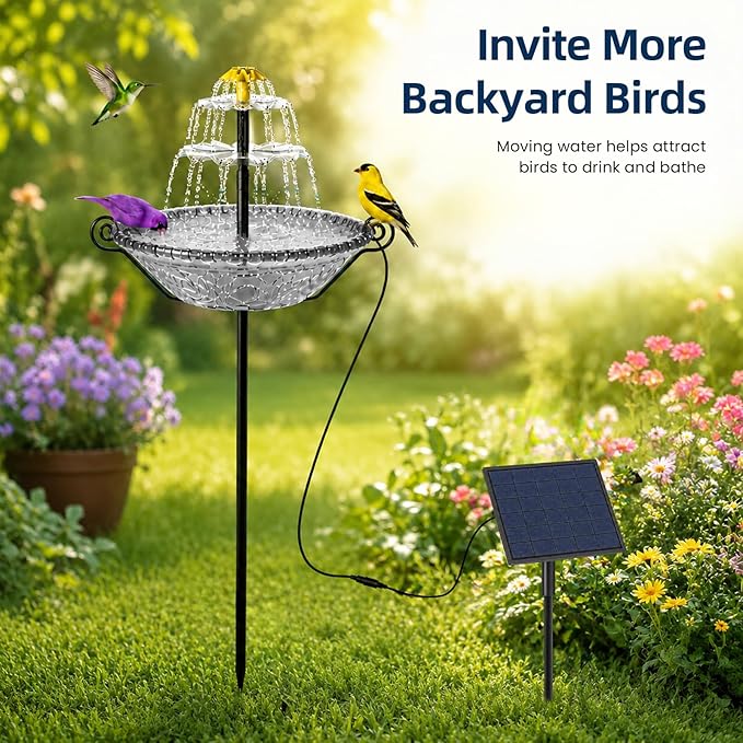 Bird Bath for Outside with Solar Fountain, Plastic Bowl on Metal Stake and Ground Stand, Freestanding Garden Accent for Yard and Patio (Gray(XL))