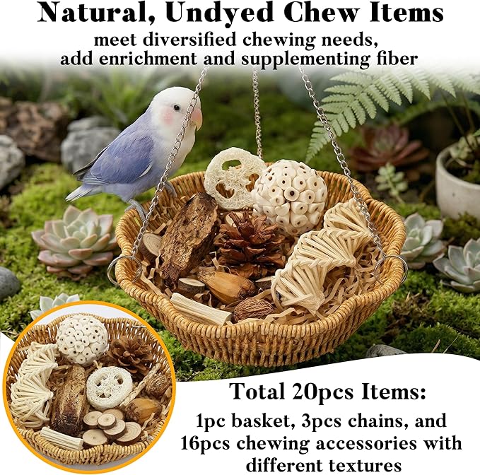 20Pcs Bird Foraging Toy Set with Hanging Basket, Natural Shredding & Chew Enrichment Toys for Parrots Cockatiels, Budgies, Parakeets, Cage or Floor Puzzle Foraging Toys for Mental Stimulation