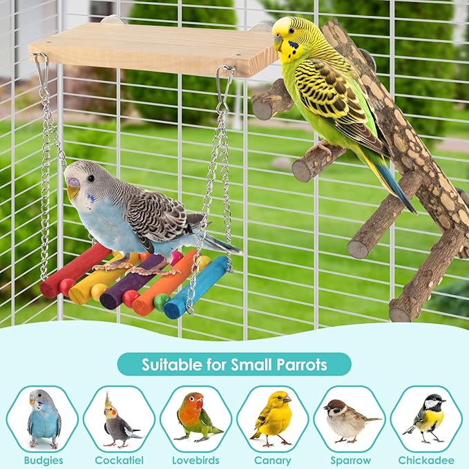 DBNESS 3in1 Bird Perch Toys for Parrots, Wooden Ladder Perch for Cage, Parrot Platform Stand Colourful Swing Hammock Climbing Bridge Exercise Cage Accessories for Budgies Cockatiels Lovebirds Hamster