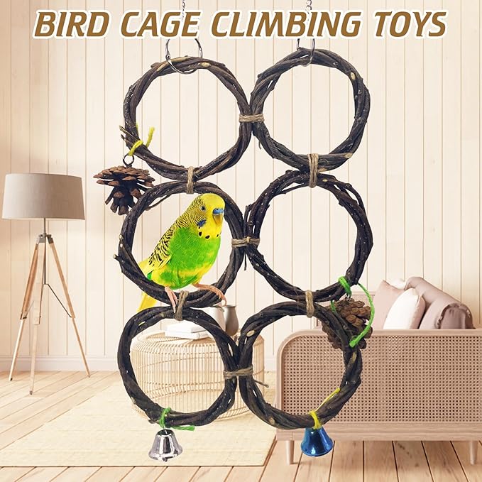 BNOSDM Bird Swing Rings Toy Natural Wood Parrot Climbing Ladder Parakeet Chewing Toys Hanging Budgie Cage Accessories for Green Cheek Conure Cockatiel Lovebird (6 Rings)