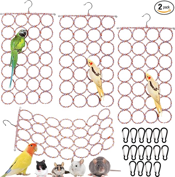Yopay 4 Pack Parrot Bird Swing Hanging Toys, Rat Climbing Ladder Rope Perch, Net Toy for Cage, Mouse, Mice, Parakeets Cockatiels Conures Lovebirds, Multiple Purpose Scarf Hanger