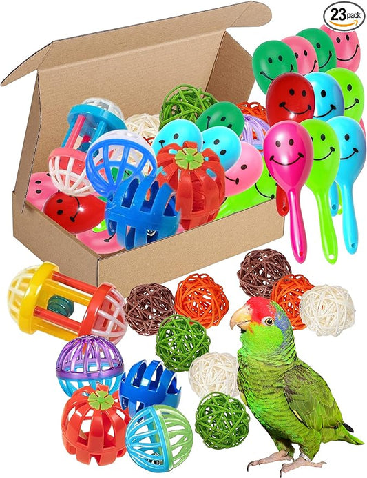 23-Pack Bird Toys for Parrots – Natural Rattan & Plastic Bell Balls – Safe, Fun Cage Decor & Foot Exercise (1.6'' - 2.8'')