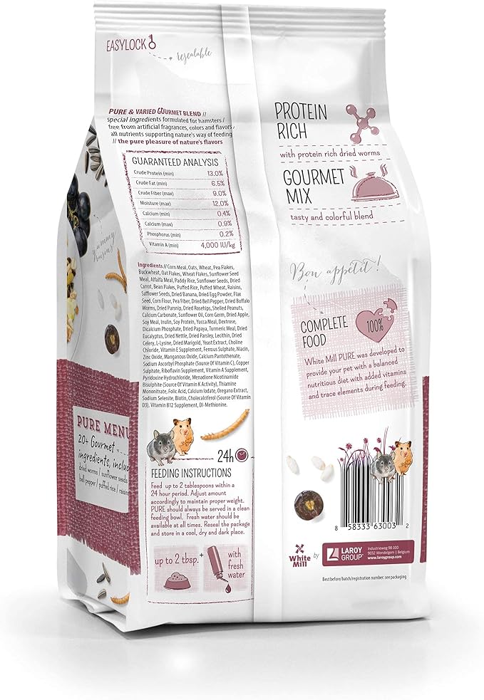 Witte Molen Pure Hamster Food Seed Mixture Mealworms, Sunflower Seeds, Puffed Rice, Grape Nuts, No Artificial Preservatives Dry Food, 1.7 lbs (5 Pack)