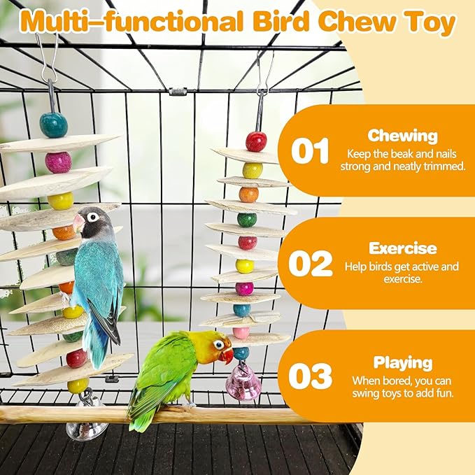 PINVNBY 2 Pack Natural Bird Toys with Cuttlebone Calcium Parakeet Chewing Toy Hanging Bird Beak Grinding Stone Cage Accessories for Parrot Budgie Lovebird Cockatiel (Large)