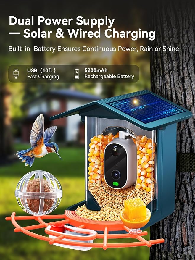 Smart Bird Feeder with Camera Solar Powered - 2.5K 4MP Birds Feeder Camera for Outdoors Garden with AI Identify, Squirrel Proof, Rechargeable Battery WiFi Video Bird Feeder Cam, Gift for Birds Lover