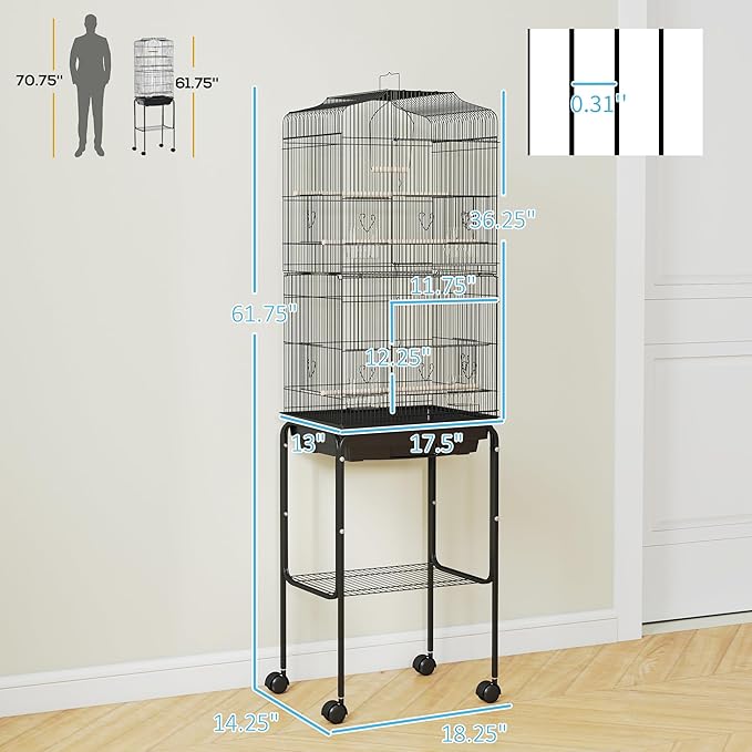 PawHut 60" Metal Indoor Bird Cage Starter Kit with Detachable Rolling Stand, Storage Basket, and Accessories, Black