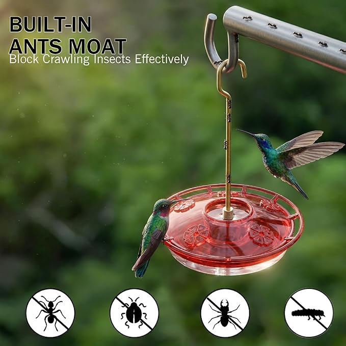 eWonLife Clear Ruby Hummingbird Feeders for Outdoors, 2 Pack 16OZ Leak Proof Saucer Humming Bird Feeder with Integrated Ant Moat, Bee Proof 5 Feeding Ports, Brush, Hanging Garden Decor for Mom