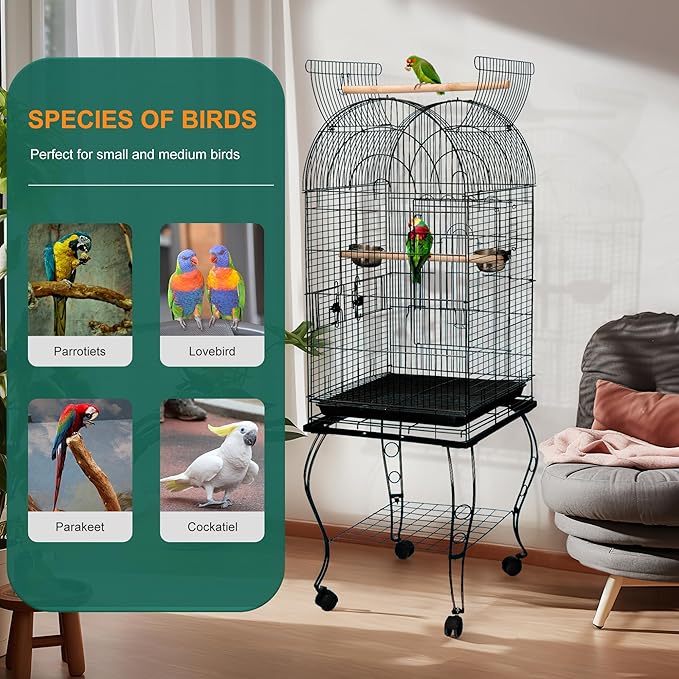 ZENY 63.5 Inch Open-Top Birdcage, Wrought Iron Bird Cage with Slide-Out Tray + Detachable Rolling Stand, Pet Parrot Cage for Parakeets Cockatoo Cockatiels, Play-Top Birdcage