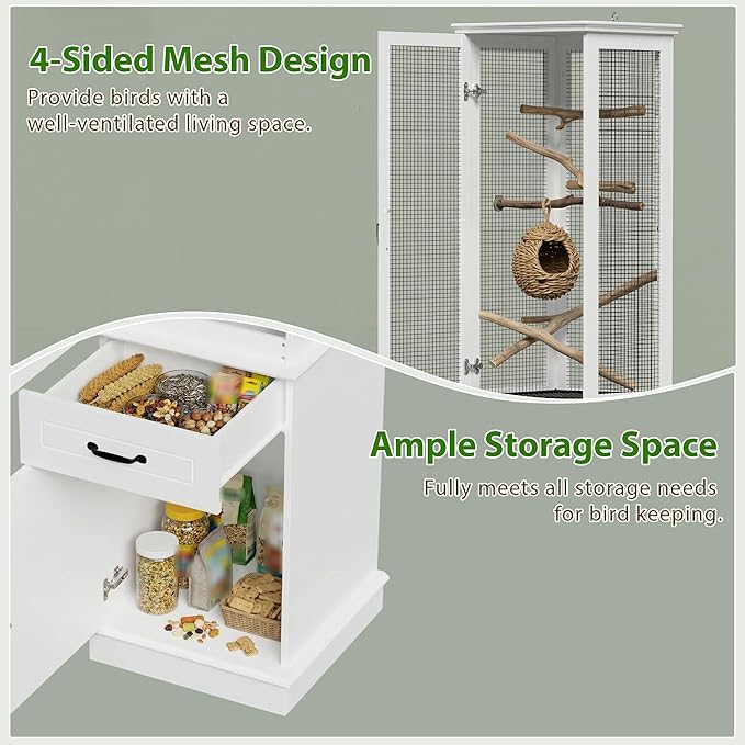 Modern White Tall Bird Cage with Storage Cabinet & Drawer, Elegant Flight Parrot Cage with Slide-Out Tray, Stylish Safe Bird Cages House for Parakeets, Cockatiels, Finches
