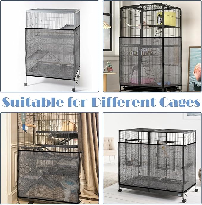 Trinkrittey Large Bird Cage Seed Catcher 31 x 118 inches Adjustable Bird Cage Net Cover Black Bird Cage Cover Elastic Band Mesh Cage Cover Skirt Nylon Mesh for Parakeet Parrot Cages