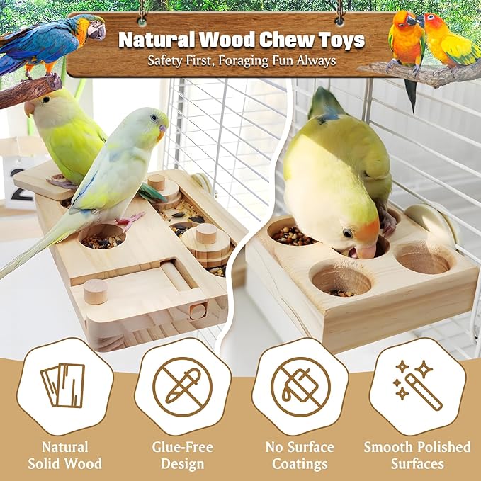BNOSDM Wooden Bird Foraging Puzzle Toys for Parakeets, Interactive Parrot Enrichment Toys for Training & Chewing, Slow Feeder Cage Accessories for Cockatiels, Conures, Lovebirds and Other Small Birds
