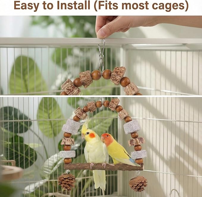Natural Wood Bird Swing Toy for Parakeets Cockatiels, Parrot Hanging Perch with Chewing Pine Cones & Beak Grinding Pumice Stone, Bird Cage Accessories for Conure Lovebirds Budgies - Boredom Relief
