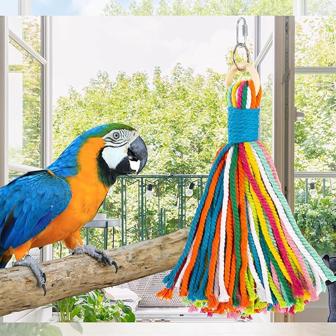 Bird Toys for Parrots, Colorful Cotton Rope Chew Toys for Large Birds, Natural Hanging Bird Cage Toys for Cockatiels, Macaws, Medium Large Birds for Playing & Preening (2)