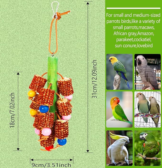 Bird Chew Toys for Parrots - Safe Durable Natural Corn Cob Chewing Toy for Cockatiels, Conures, Lovebirds, Macaws, African Grey & Cockatoos | Hanging Aviary Enrichment for Small/Medium Birds
