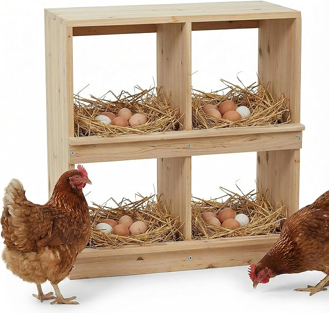 Wooden Chicken Nesting Box, Double-Deck with 4 Compartments, Wall-Mounted or Ground-Placed Nesting Box for Hens with Egg-Roll-Proof Design, Egg Collection Design, Perch, Natural Wood, Sun-Proof
