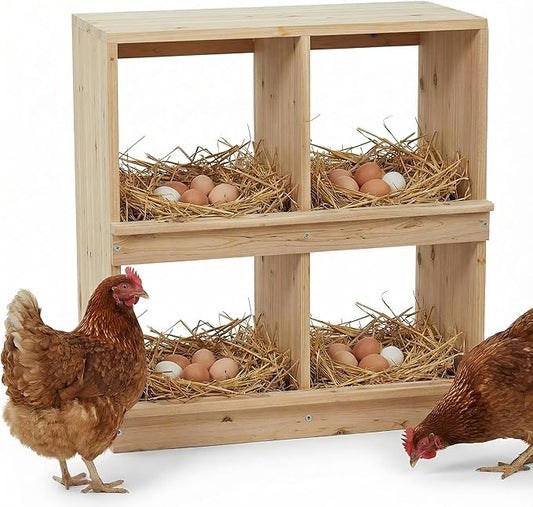 Wooden Chicken Nesting Box, Double-Deck with 4 Compartments, Wall-Mounted or Ground-Placed Nesting Box for Hens with Egg-Roll-Proof Design, Egg Collection Design, Perch, Natural Wood, Sun-Proof