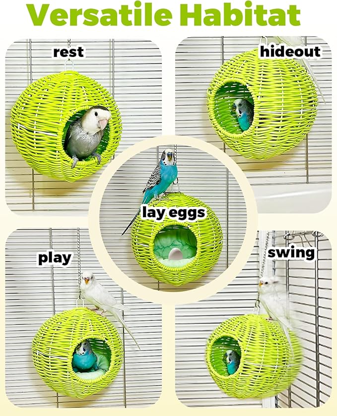 Chewproof Steel Frame Bird Nest for Cage, Washable Small Bird Bed Hammock Hideout Lay Eggs Parakeet Nest Sleep, Parakeet Warm Bed House Hut for Lovebird, Canary, Budgie, Finch (Green)