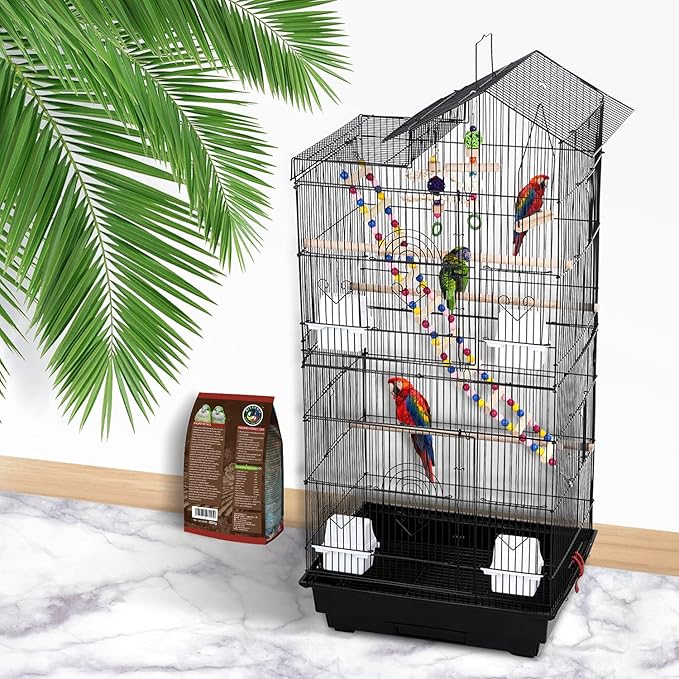 HCY 39 Inches Bird Cage Roof Top Large Flight Parrot Bird Cage with Toys for Medium Small Birds,Lovebirds,Finch,Cockatiel Parakeets,Parrot, Iron Bird Cage