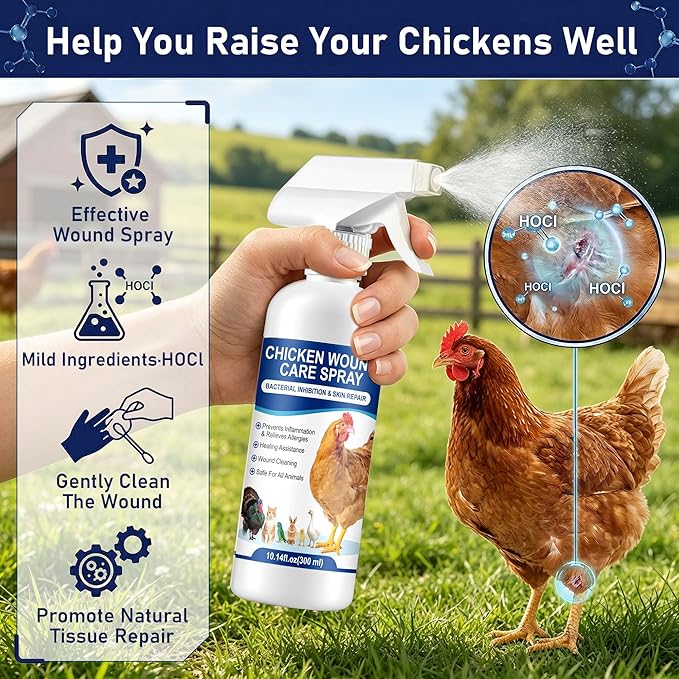 Chicken Wound Spray, Poultry Wound Wash, No Rinse, No Contact, for Cuts,Stabs,Abrasions and Foot Abscesses, Safe for All Animals, 300ml