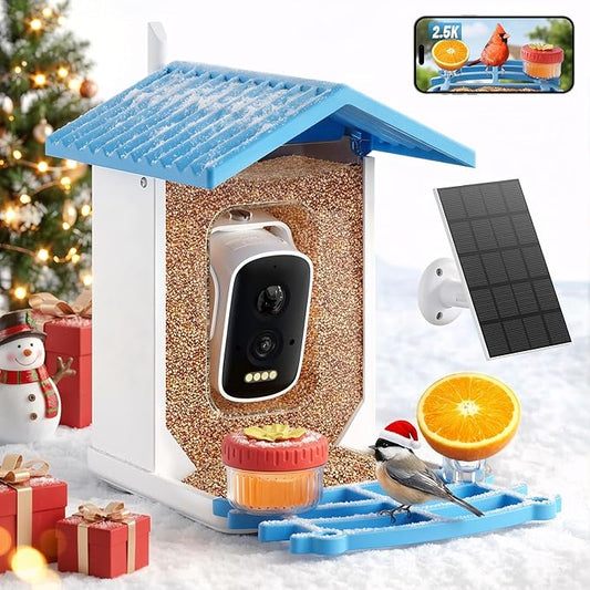 Bird Feeder with Camera, 2.5K HD Smart Bird Feeder Cam Outdoor with AI Recognition, Instant Arrival Alerts, Auto Capture Birds Videos, IP66 Waterproof Solar Powered, Ideal Gift
