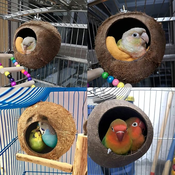 YJJKJ Pet Bird Natural Coconut Shell Bird House Parakeet Budgie Cockatiel Finch Sparrows Breeding Nesting Bird Aviary Cage Box Anti-Pecking Bite (Diameter:4.3")