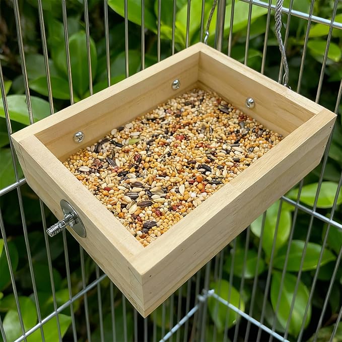 Bird Feeder for Cage, Wooden Food Dish for Small to Medium Birds Parrot, Hanging Plastic Food Water Bowls for Conure, Parakeet, Budgies, Cockatiel, Lovebird