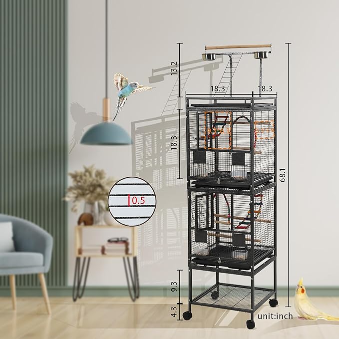 68" Double Bird Cage,Stackable Divided Parakeet Cage, Parrot Cages for Medium Birds with Bird cage Toys,Birdcage Seed Catcher,for Cockatiels Canaries Lovebirds Finches Budgies Small Parrots