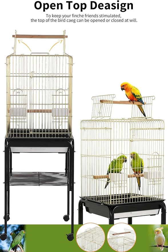 Garvee Bird Cage, 57‘’H Open-Top Durable Bird Cage w/Rolling Stand, Removable Tray, Extra Storage Stand, Brakable Casters,Large Dorr for Access, Indoor& Outdoor Use for Birds