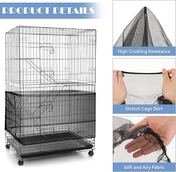 Trinkrittey Adjustable Bird Cage Seed Catcher Net Cover Elastic Band Mesh Cover Black for Parrot Cages