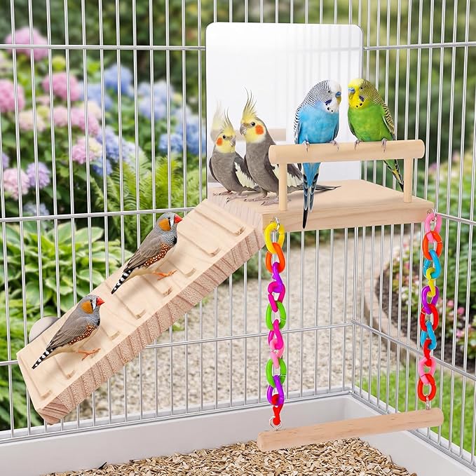 Bird Perch Platform Toy Set (Includes Mirror, Climbing Ladder, and Swing) - Wooden Play Frame, Parrot Cage Accessories, Suitable for Budgerigars, Lovebirds, Canaries, and Various Other Birds