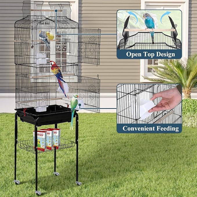 Dkeli Bird Cage, 64 in Open Top Parakeet Cage with Rolling Stand for Medium Small Cockatiel Macaw Conure Lovebird Canary Bird Wrought Iron Flight Pet House with Storage Shelf, Black