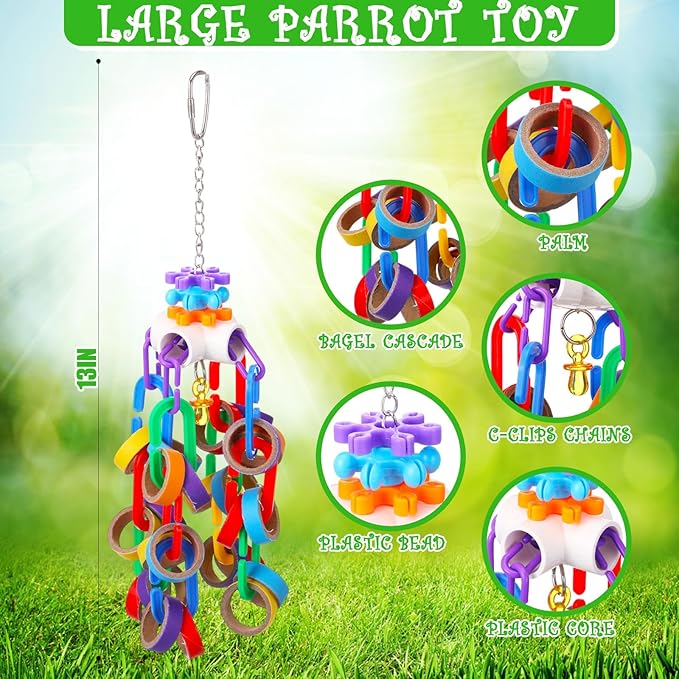 Soulchen 4 Pcs Extra Large Bird Parrot Toy Set Natural Wooden Chewing Toy, Rattan Ball, Wood Nut Loofah String (Bagged) for Large Macaws, African Grey, Amazon Parrots (Corn Cob)