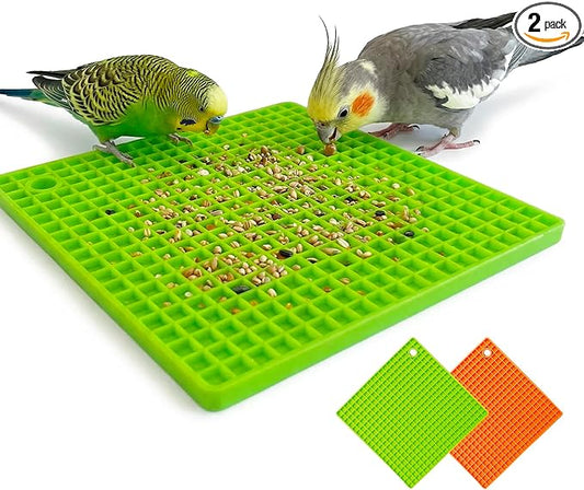 2-Pack Square Bird Foraging Mat for Parakeets & Cockatiels | 80g Weighted Anti-Slip Silicone Slow Feeder Toy | Enlarged Holes for Mixed Seeds & Fruits | Enrichment Toy for Budgies, Conures & Finches