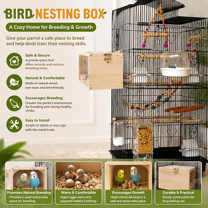 Rypet Parakeet Nesting Box Transparent Design, Thwartwise Bird Nest Breeding Box with Perch Wood Bird Cage House for Cockatiel Lovebirds Budgie Finch Parrotlets Canary S