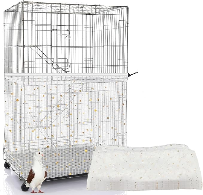 Bird Cage Cover, 60-118'' Large, 31.5'' H Adjustable Nylon Mesh Net, Soft Airy, White, Starry Sky Pattern, Drawstring, Breathable, Hand Wash Only