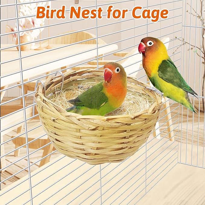 VCEPJH Handmade Bird Nest for Cage 4 Pack Bamboo Canary Breeding Nest with Hook Finch Nesting Hatching House with Fiber Liner for Littile Finch Parakeet Cockatiel Budgie