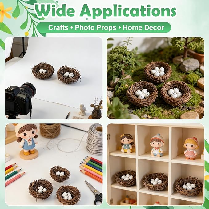 60 Pcs Artificial Rattan Birds Nest with Eggs for Crafts, Mini Faux Bird Nest for Easter Home Garden Decor Wedding Party(20 Pcs Mixed Small Size Nest & 40 Pcs Eggs)